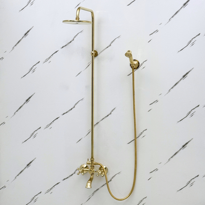 Unlacquered Brass Exposed Shower System with Rainfall Head, Handheld Shower & Tub Filler