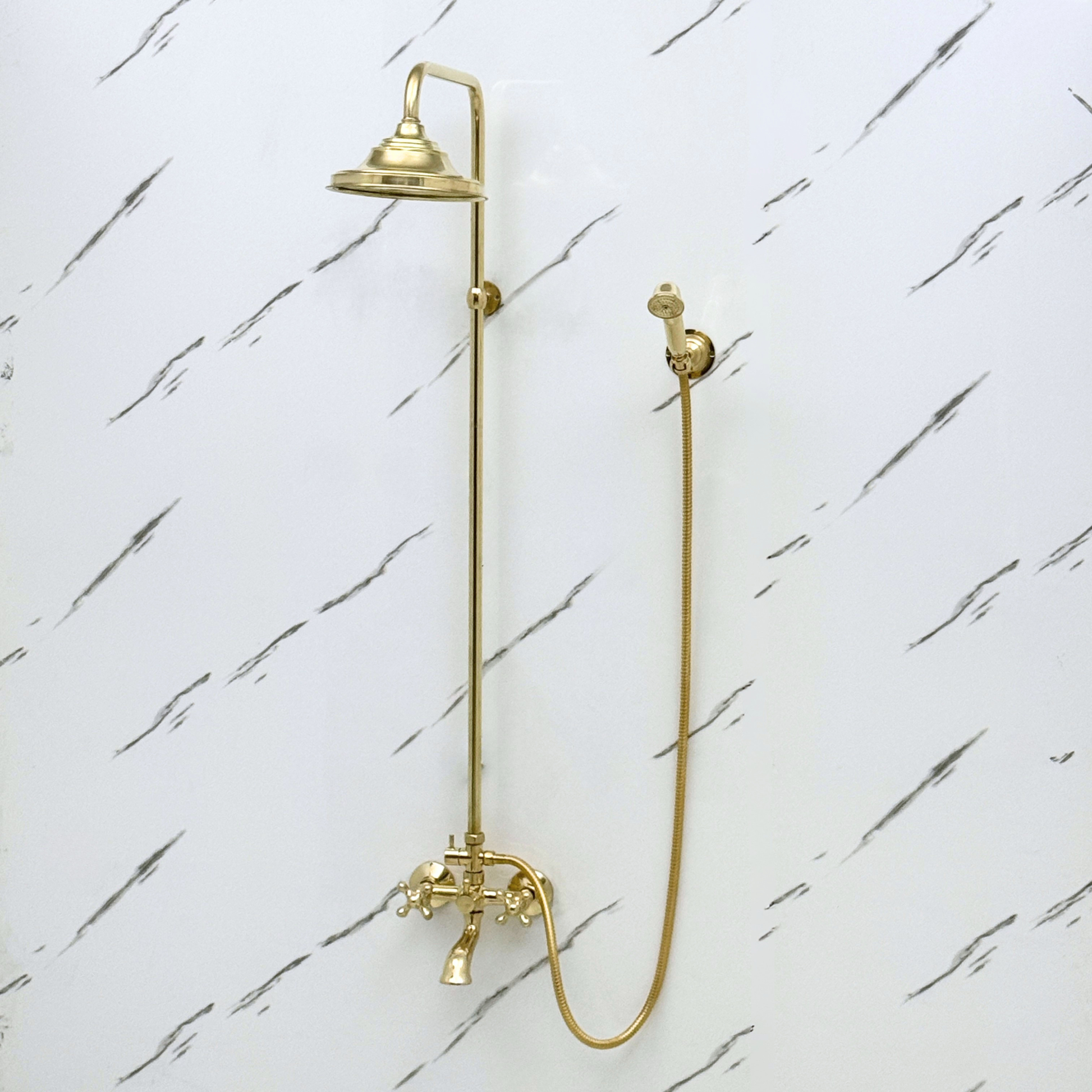 Unlacquered Brass Exposed Shower System with Rainfall Head, Handheld Shower & Tub Filler
