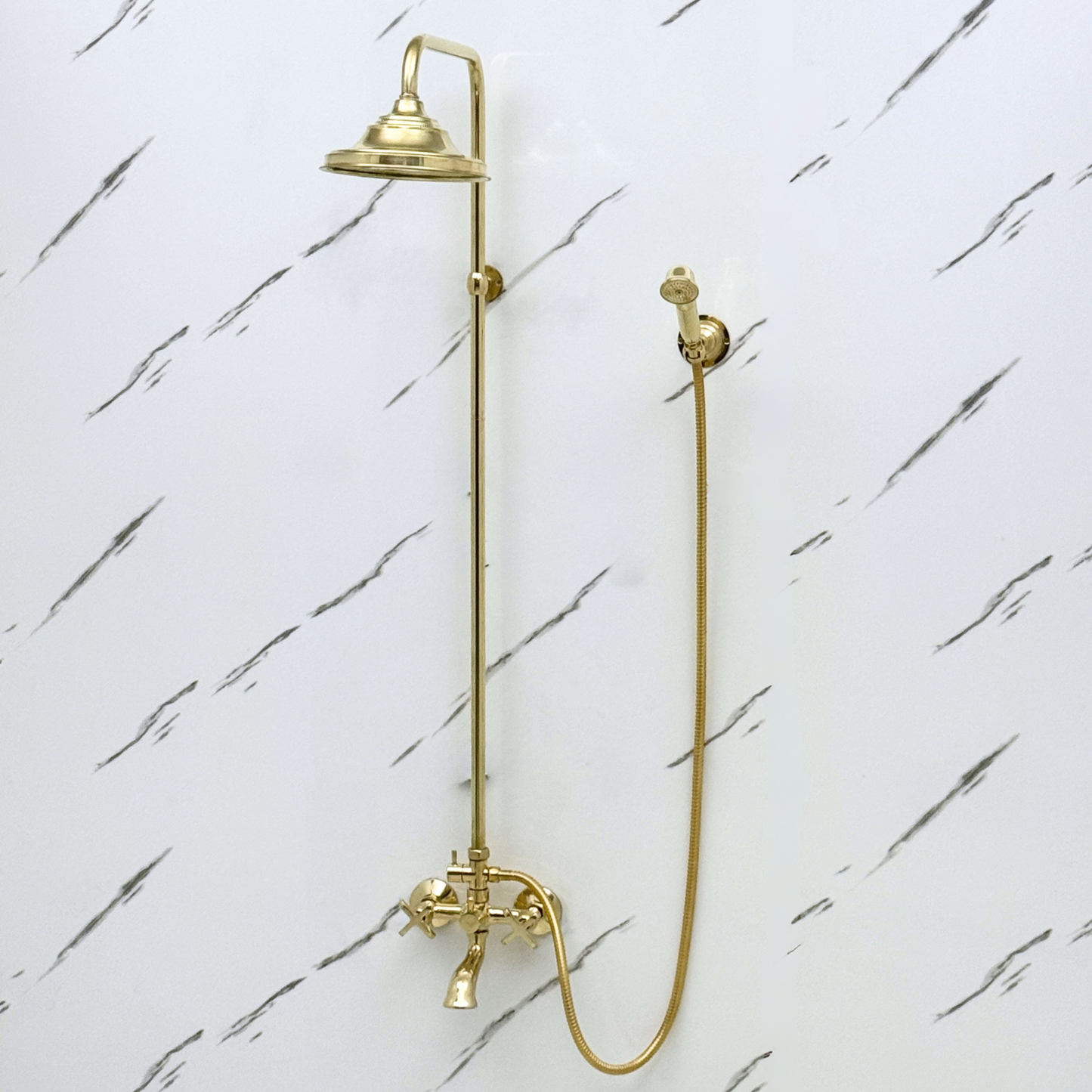 Unlacquered Brass Exposed Shower System with Rainfall Head, Handheld Shower & Tub Filler