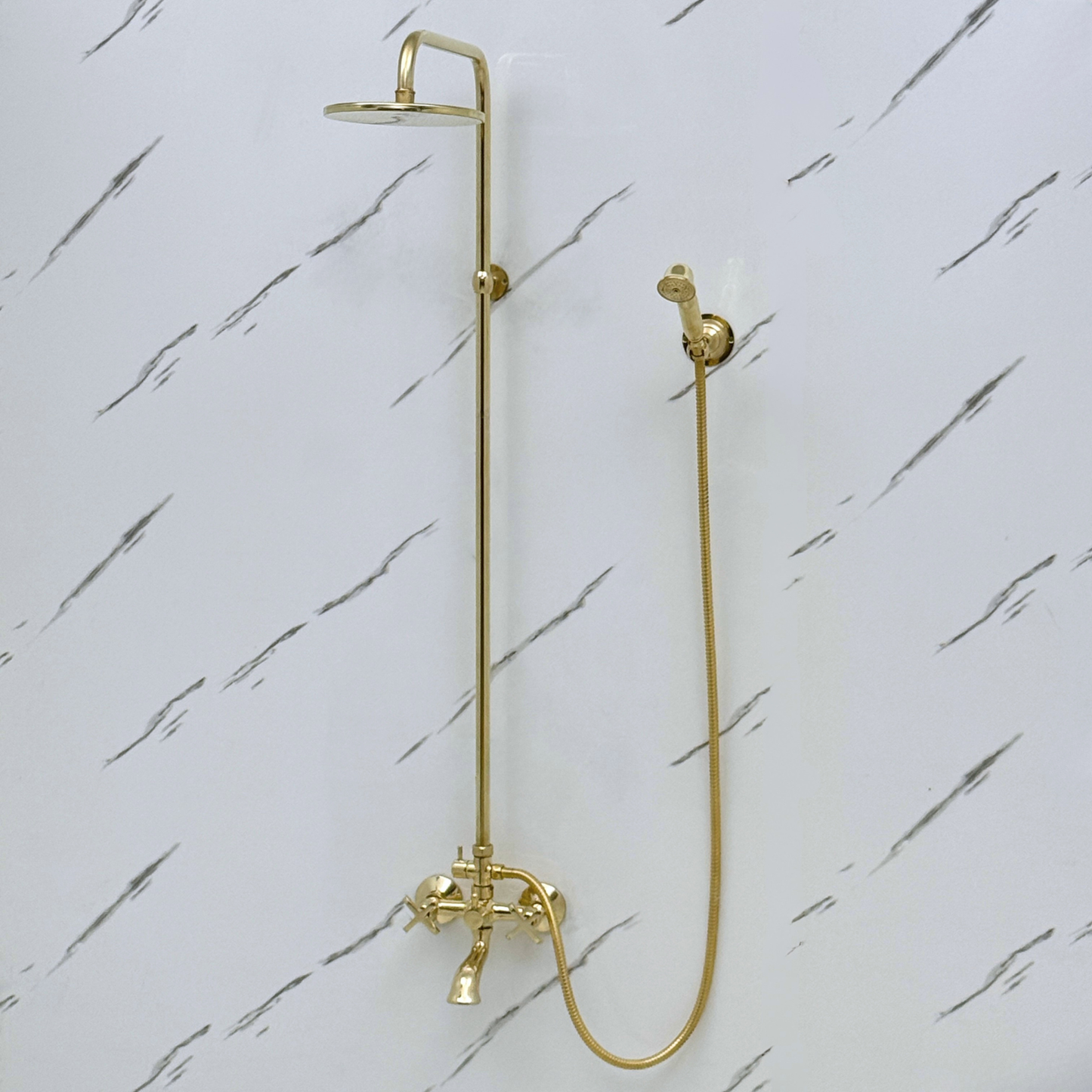 Unlacquered Brass Exposed Shower System with Rainfall Head, Handheld Shower & Tub Filler