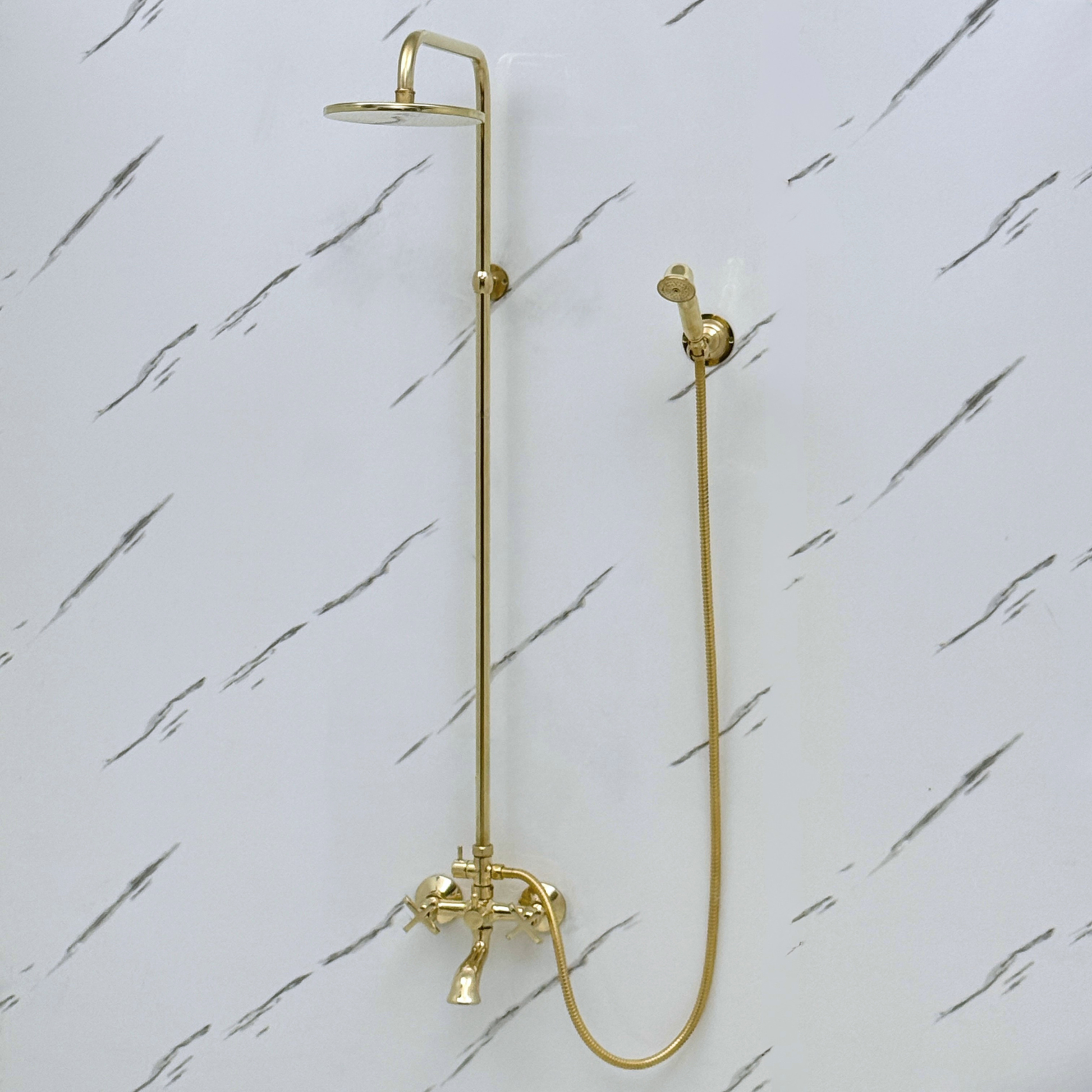 Unlacquered Brass Exposed Shower System with Rainfall Head, Handheld Shower & Tub Filler