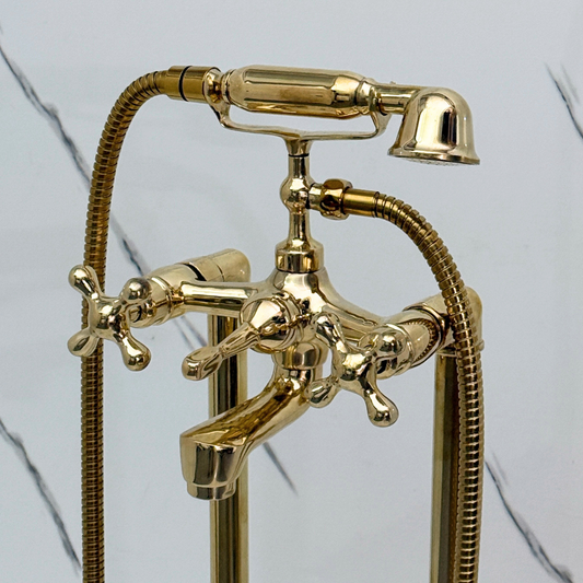 Unlacquered Brass Freestanding Bathtub Faucet, Solid Brass Tub Filler with Handheld Shower Head and Cross Handles