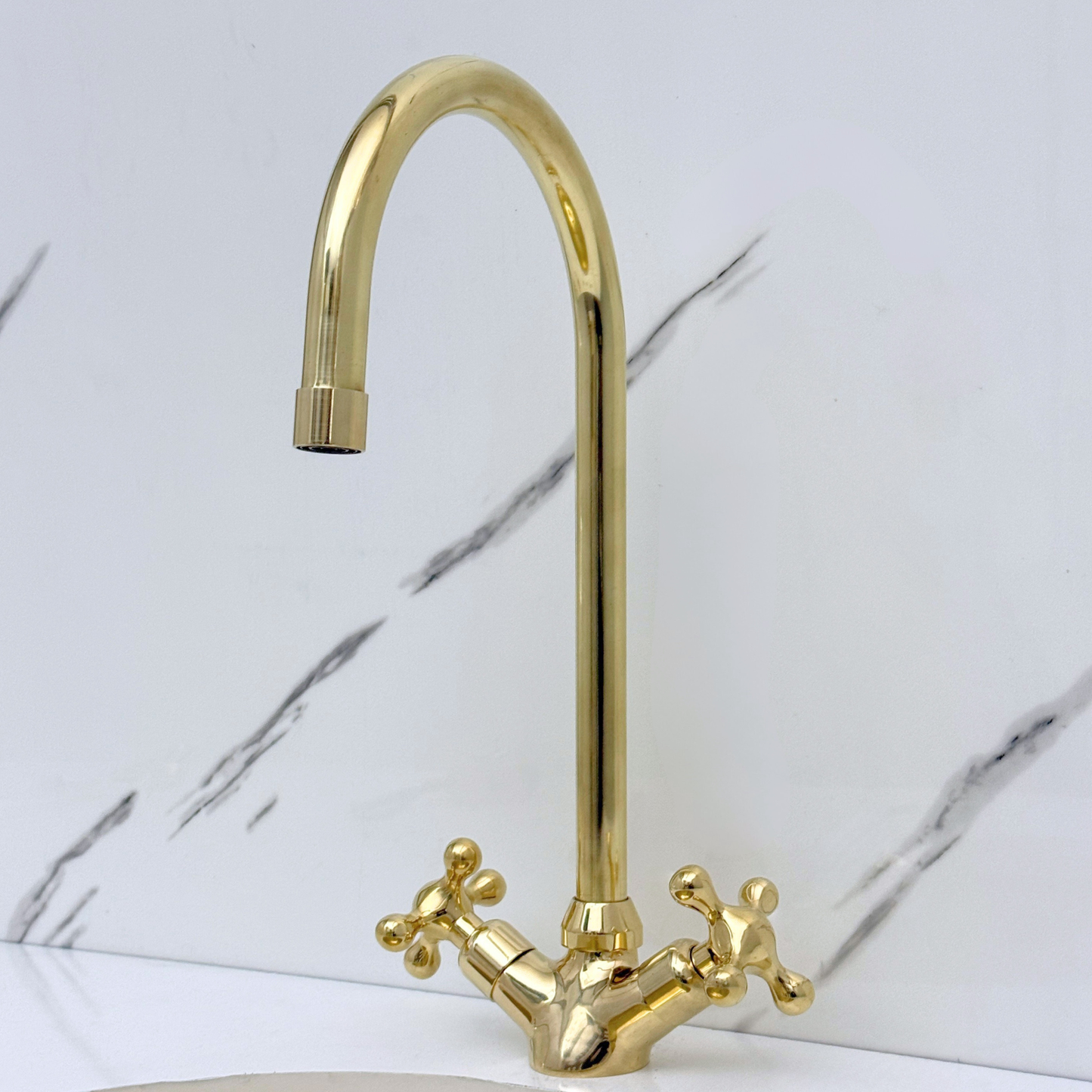 Unlacquered Brass Gooseneck Single Hole Faucet with Cross Handles