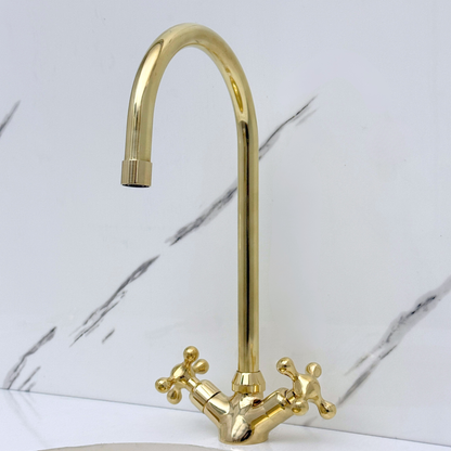 Unlacquered Brass Gooseneck Single Hole Faucet with Cross Handles