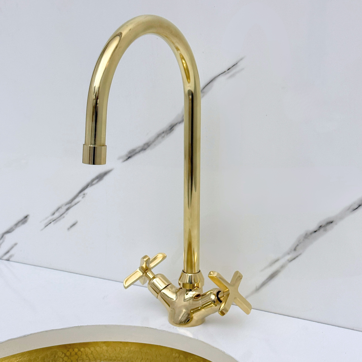 Unlacquered Brass Gooseneck Single Hole Faucet with Cross Handles