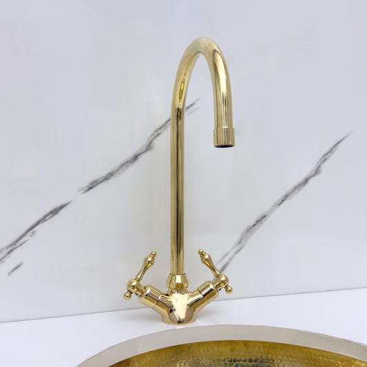Unlacquered Brass Gooseneck Single Hole Faucet with Lever Handles