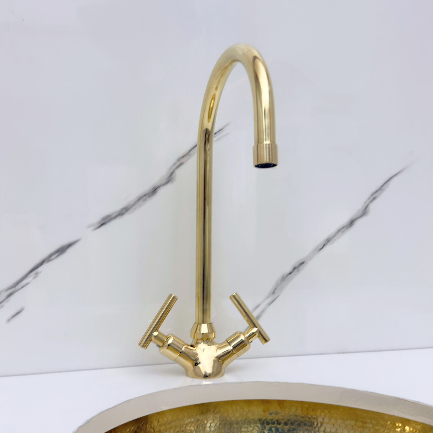 Unlacquered Brass Gooseneck Single Hole Faucet with Lever Handles