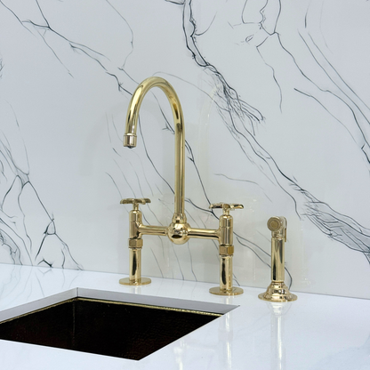 Unlacquered Brass Kitchen Bridge Faucet with Ball Center, Sprayer, Cold Water Faucet, Straight Legs and Cross Handles