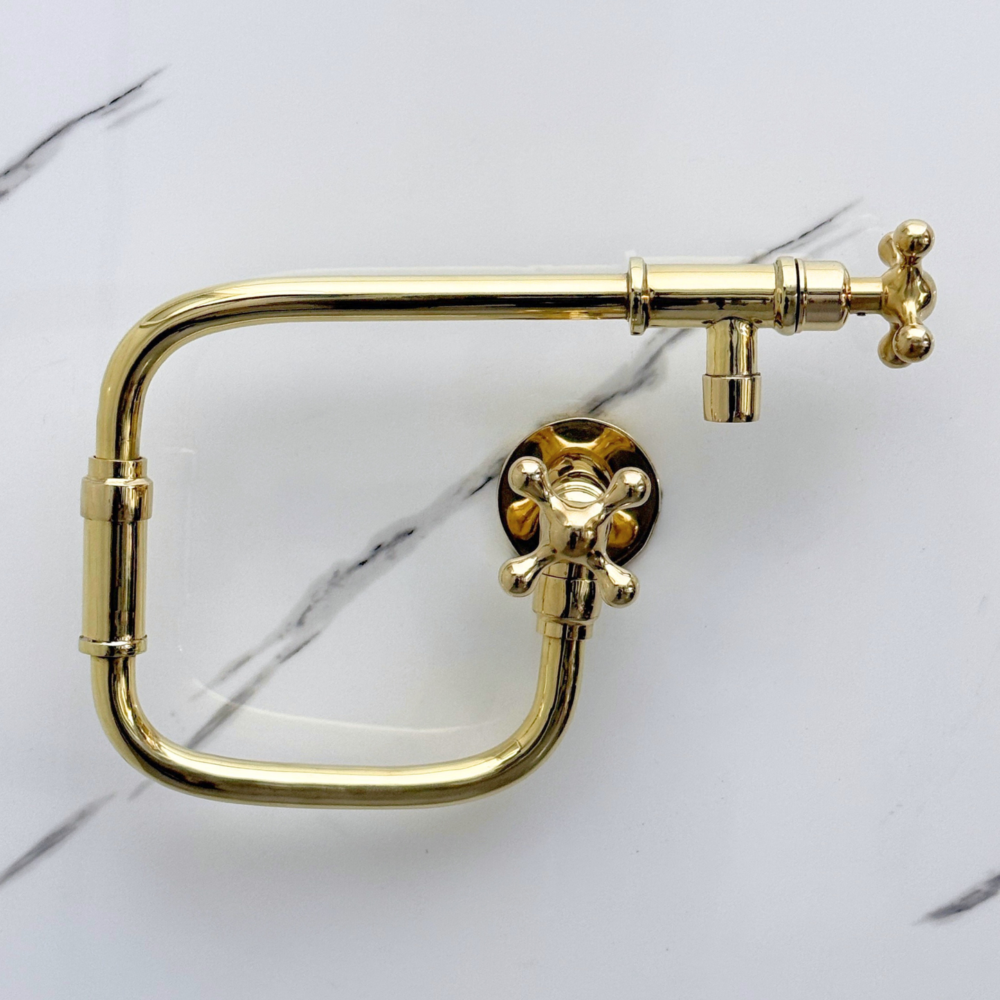 Unlacquered Brass Pot Filler with Cross Handles, Solid Brass Wall Mount Double Joint Swing Arms Pasta Faucet