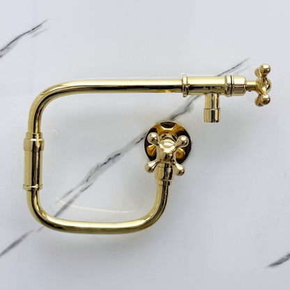 Unlacquered Brass Pot Filler with Cross Handles, Solid Brass Wall Mount Double Joint Swing Arms Pasta Faucet