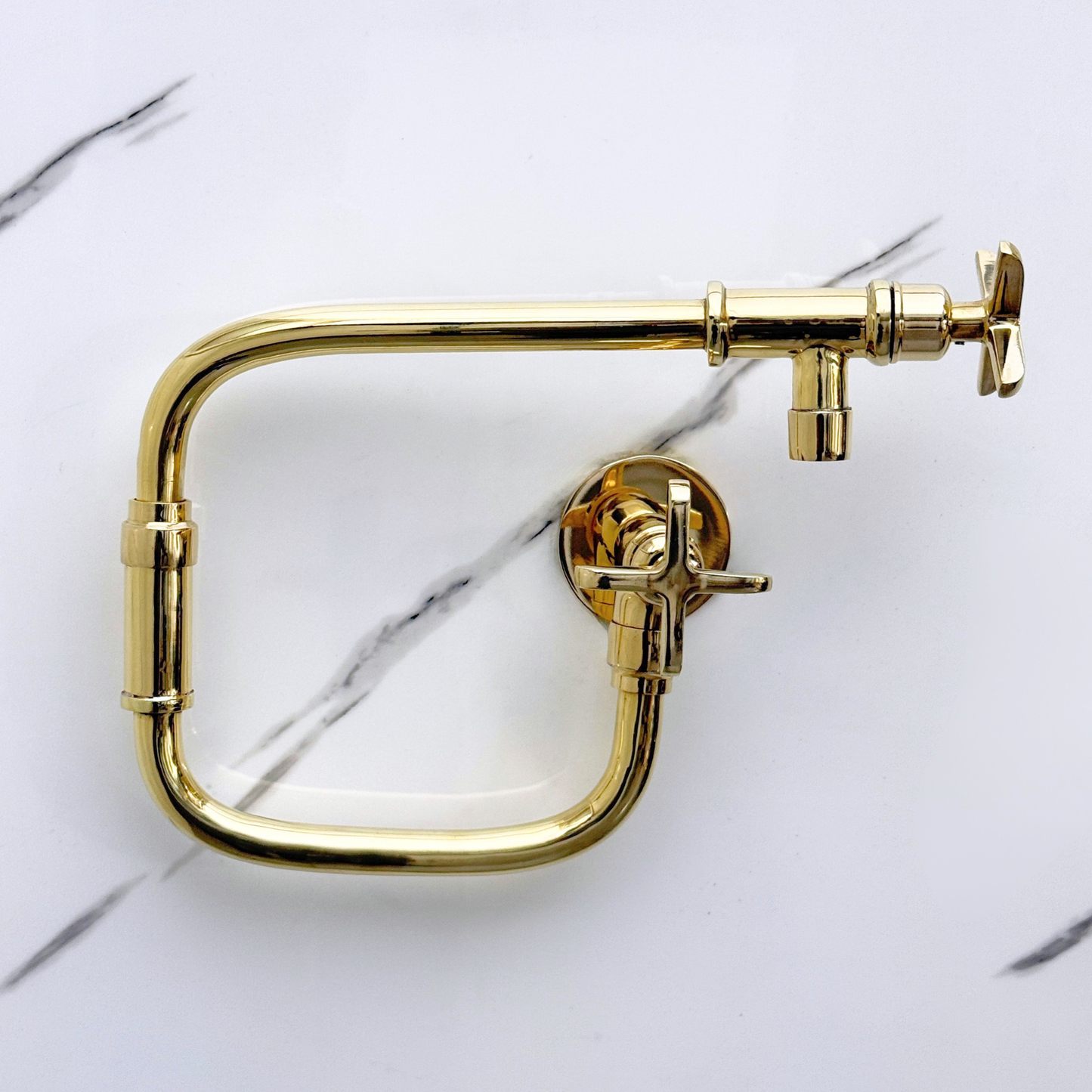 Unlacquered Brass Pot Filler with Cross Handles, Solid Brass Wall Mount Double Joint Swing Arms Pasta Faucet