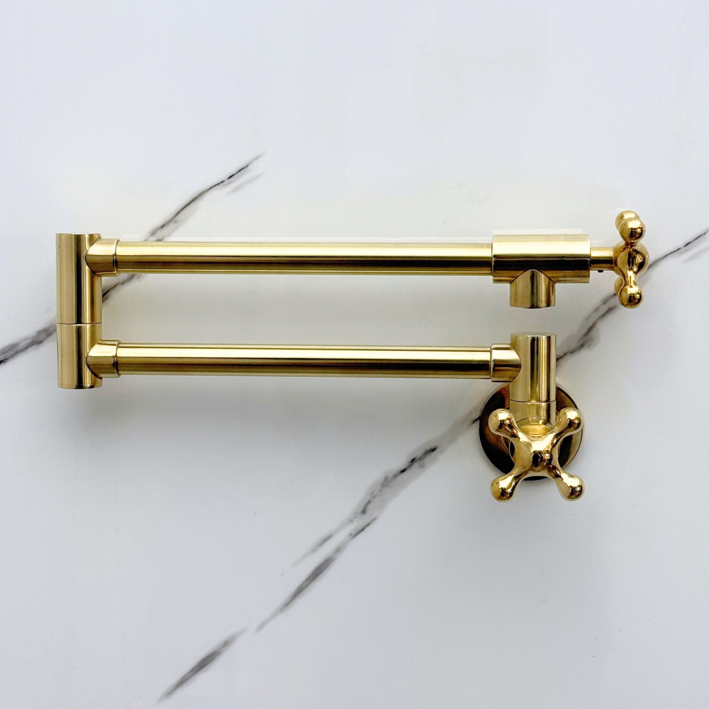 Unlacquered Brass Pot Filler with Cross Handles, Wall Mount Double Joint Swing Arms Brass Pasta Faucet