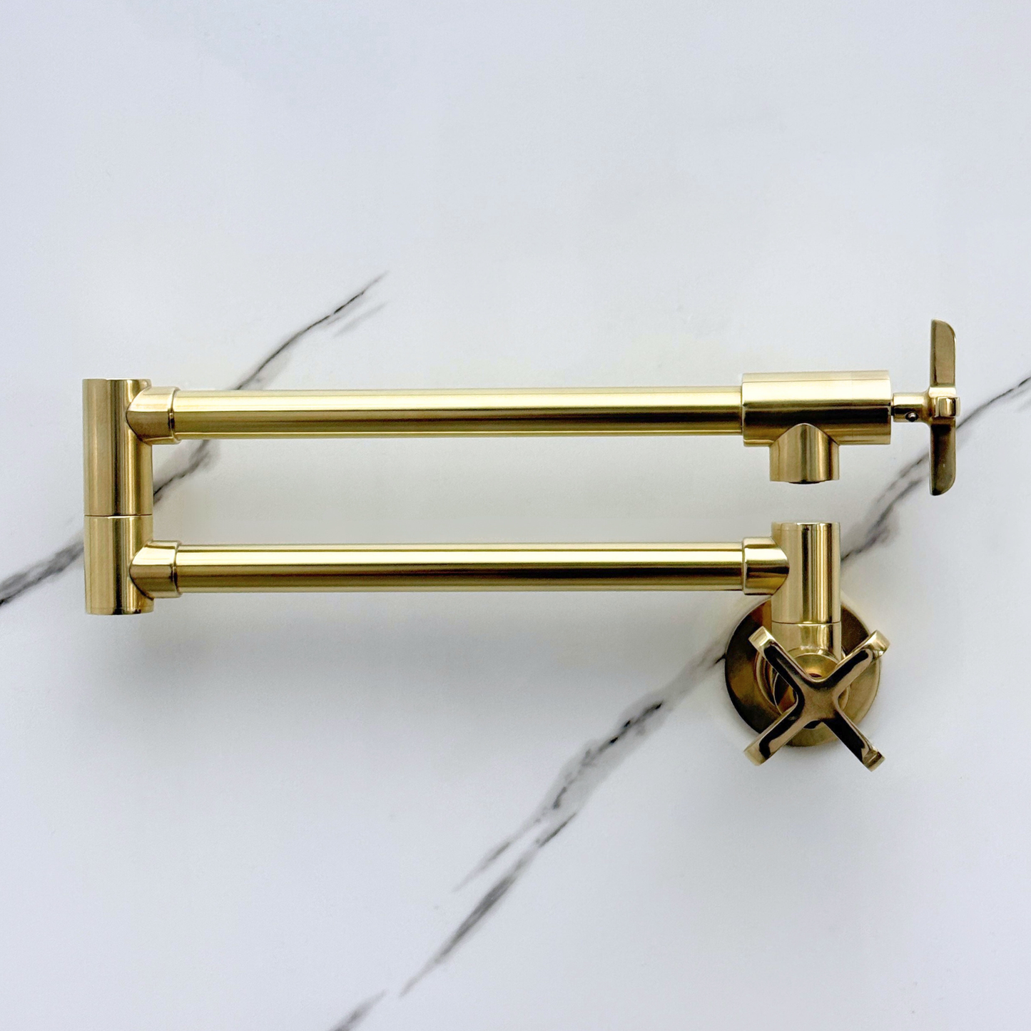 Unlacquered Brass Pot Filler with Cross Handles, Wall Mount Double Joint Swing Arms Brass Pasta Faucet