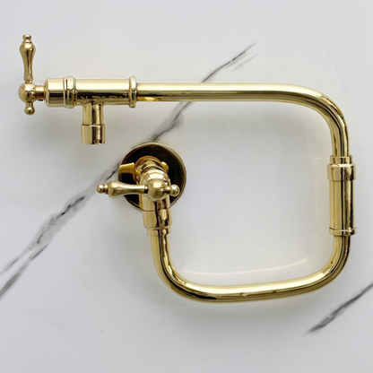 Unlacquered Brass Pot Filler with Lever Handles, Solid Brass Wall Mount Double Joint Swing Arms Pasta Faucet