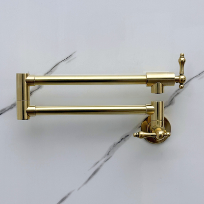 Unlacquered Brass Pot Filler with Lever Handles, Wall Mount Double Joint Swing Arms Brass Pasta Faucet