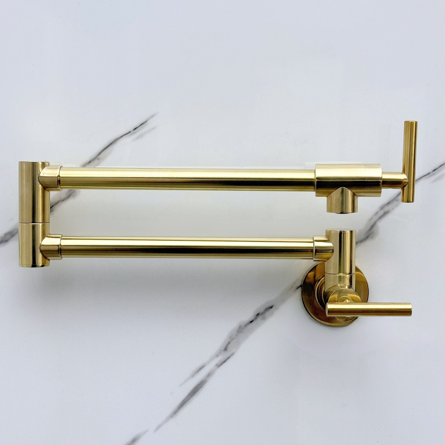 Unlacquered Brass Pot Filler with Lever Handles, Wall Mount Double Joint Swing Arms Brass Pasta Faucet