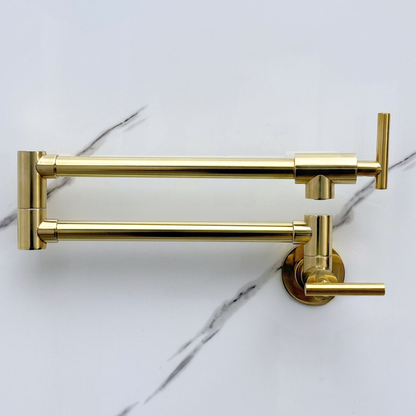 Unlacquered Brass Pot Filler with Lever Handles, Wall Mount Double Joint Swing Arms Brass Pasta Faucet