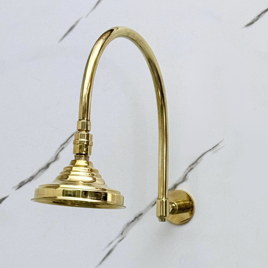Unlacquered Brass Round Rain Shower Head with Arcuate Arm, Adjustable Brass Shower Head