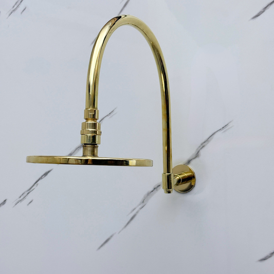 Unlacquered Brass Flat Rain Shower Head with Arcuate Arm, Adjustable Brass Shower Head