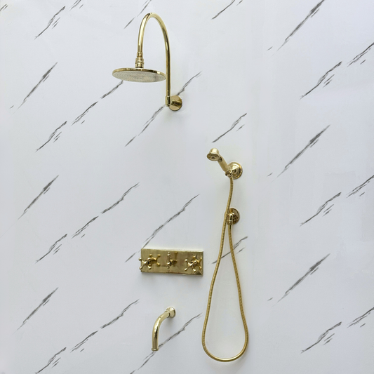 Unlacquered Brass Shower System with Adjustable Flat Round Rain Shower Head, Handheld Shower Head ,Central Brass Plaque, Tub Filler and Cross Handles