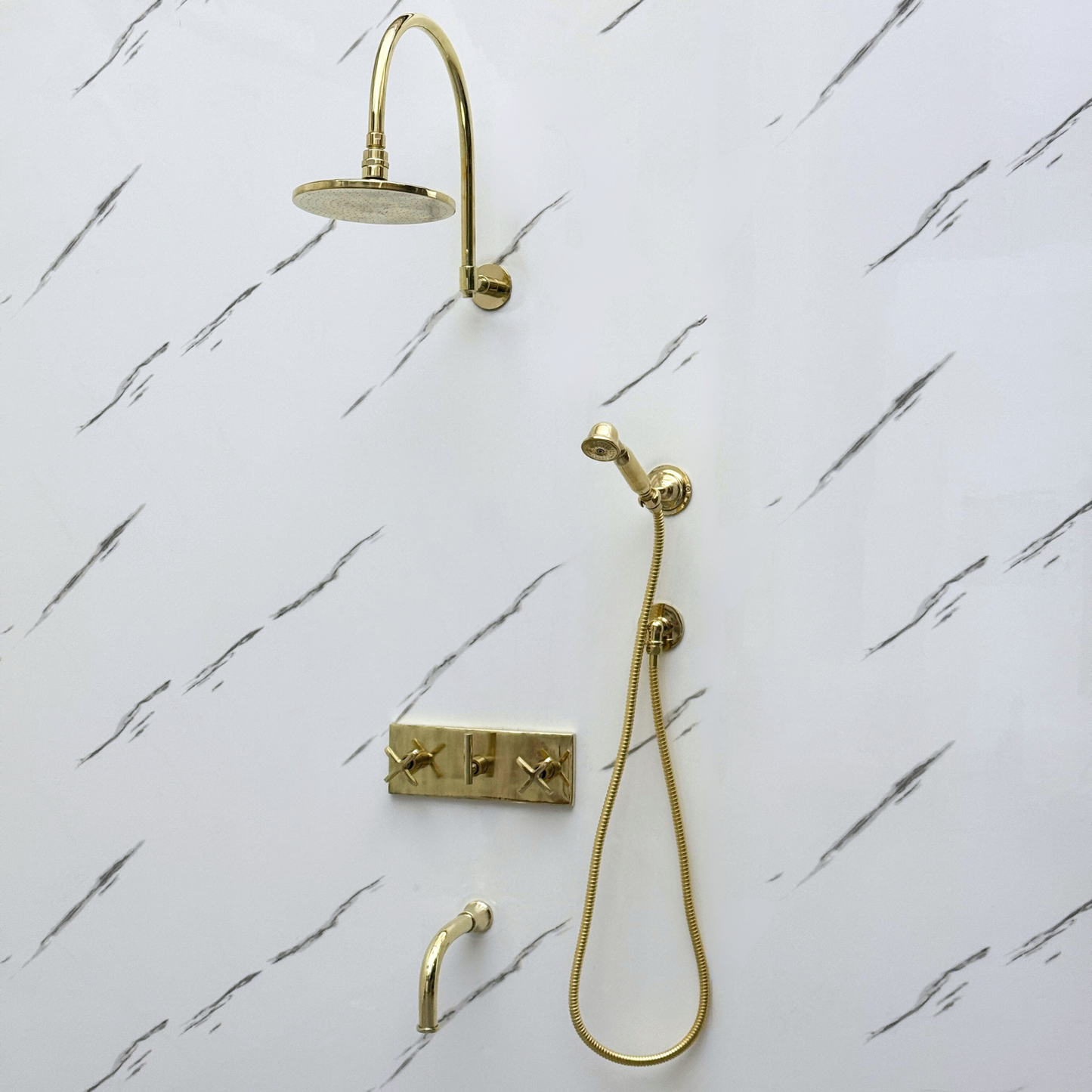 Unlacquered Brass Shower System with Adjustable Flat Round Rain Shower Head, Handheld Shower Head ,Central Brass Plaque, Tub Filler and Cross Handles