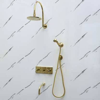 Unlacquered Brass Shower System with Adjustable Flat Round Rain Shower Head, Handheld Shower Head ,Central Brass Plaque, Tub Filler and Cross Handles