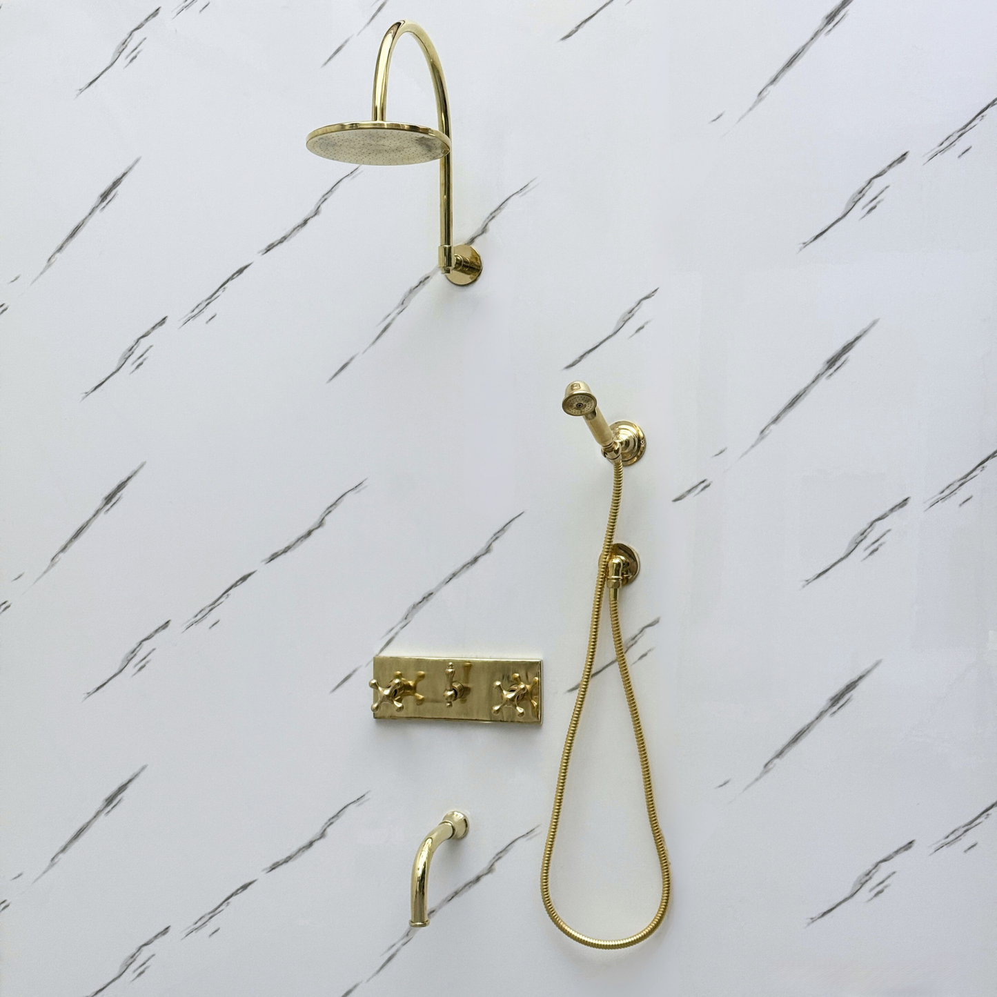 Unlacquered Brass Shower System with Adjustable Flat Round Rain Shower Head, Handheld Shower Head ,Central Brass Plaque, Tub Filler and Cross Handles