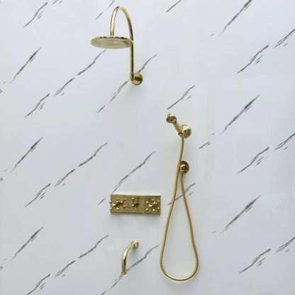 Unlacquered Brass Shower System with Adjustable Flat Round Rain Shower Head, Handheld Shower Head ,Central Brass Plaque, Tub Filler and Cross Handles