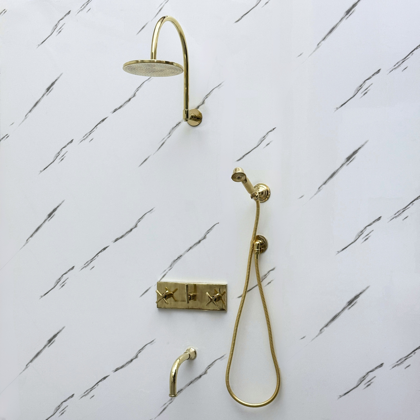 Unlacquered Brass Shower System with Adjustable Flat Round Rain Shower Head, Handheld Shower Head ,Central Brass Plaque, Tub Filler and Cross Handles