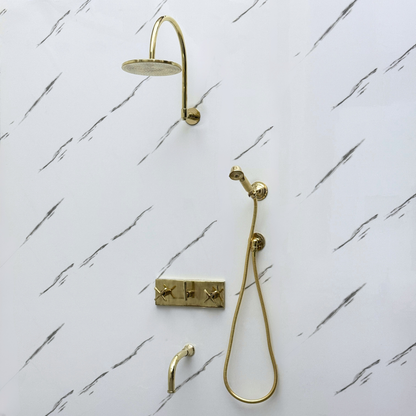 Unlacquered Brass Shower System with Adjustable Flat Round Rain Shower Head, Handheld Shower Head ,Central Brass Plaque, Tub Filler and Cross Handles