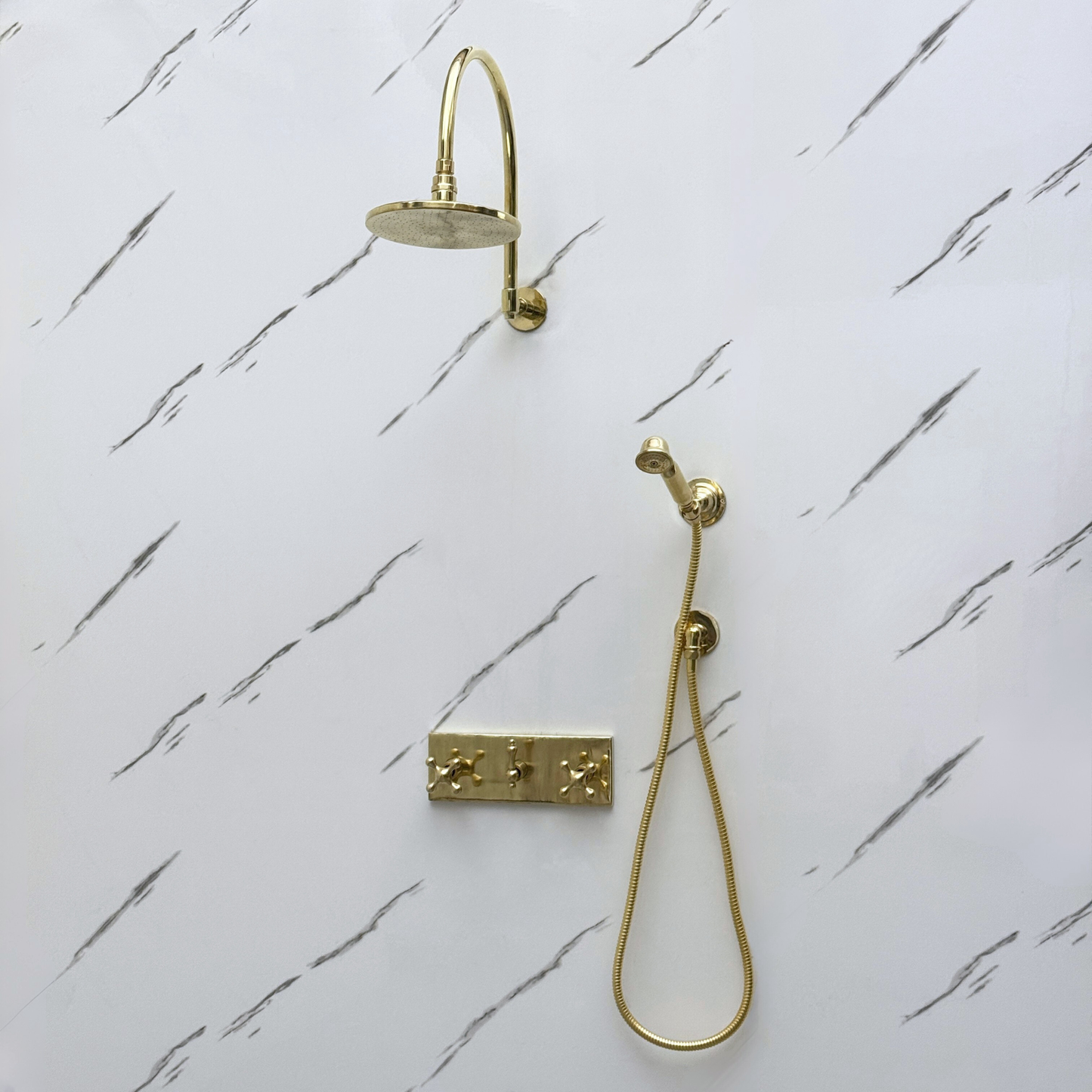 Unlacquered Brass Shower System with Adjustable Flat Round Rain Shower Head, Handheld Shower Head, Central Brass Plaque and Cross Handles