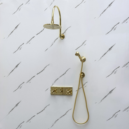 Unlacquered Brass Shower System with Adjustable Flat Round Rain Shower Head, Handheld Shower Head, Central Brass Plaque and Cross Handles