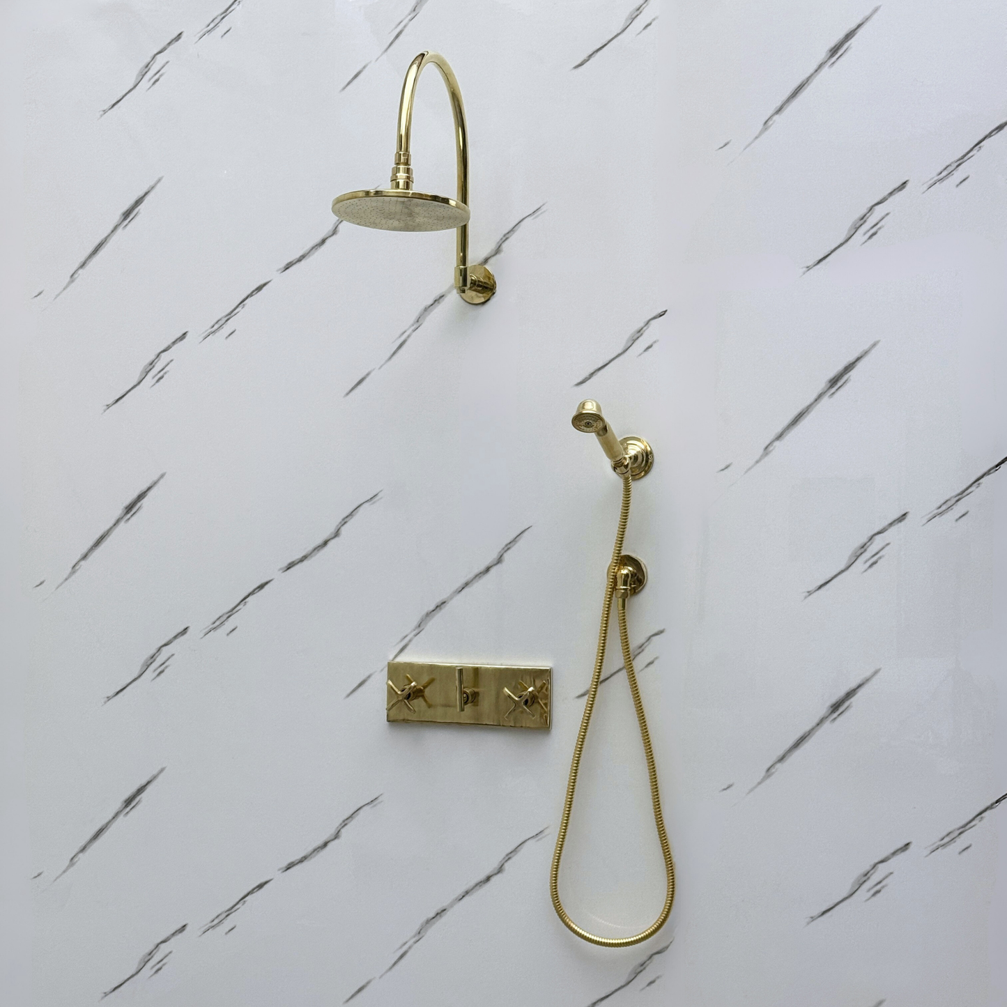 Unlacquered Brass Shower System with Adjustable Flat Round Rain Shower Head, Handheld Shower Head, Central Brass Plaque and Cross Handles