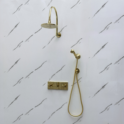 Unlacquered Brass Shower System with Adjustable Flat Round Rain Shower Head, Handheld Shower Head, Central Brass Plaque and Cross Handles