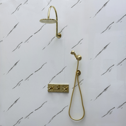 Unlacquered Brass Shower System with Adjustable Flat Round Rain Shower Head, Handheld Shower Head, Central Brass Plaque and Cross Handles