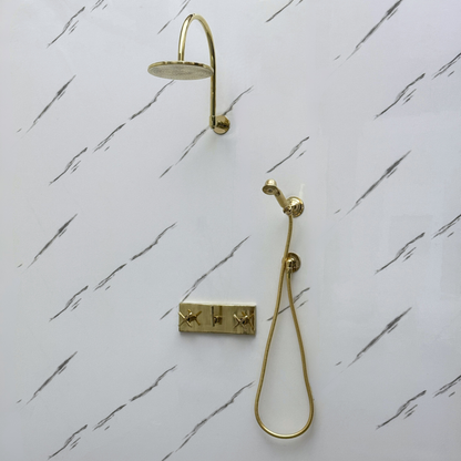 Unlacquered Brass Shower System with Adjustable Flat Round Rain Shower Head, Handheld Shower Head, Central Brass Plaque and Cross Handles