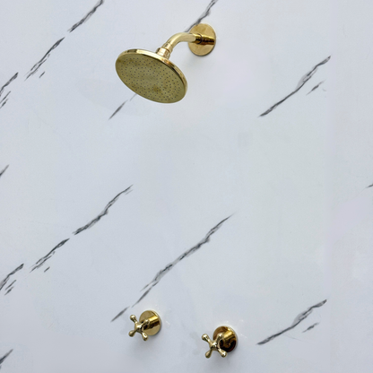 Unlacquered Brass Shower System with Flat Round Rain Adjustable Shower Head, Short Arm and Cross Handles