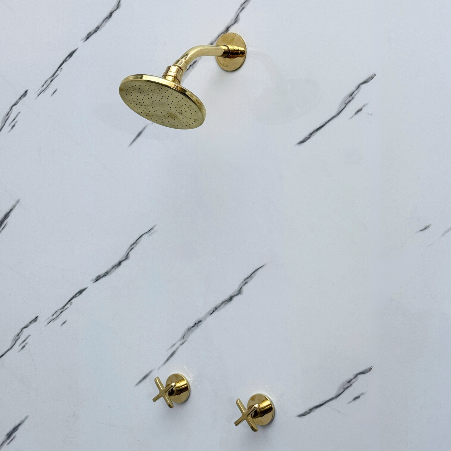 Unlacquered Brass Shower System with Flat Round Rain Adjustable Shower Head, Short Arm and Cross Handles