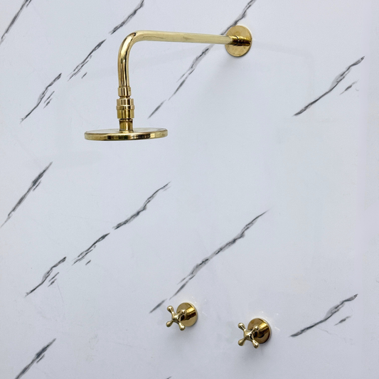 Unlacquered Brass Shower System with Adjustable Flat Round Rain Shower Head, Straight Arm and Cross Handles