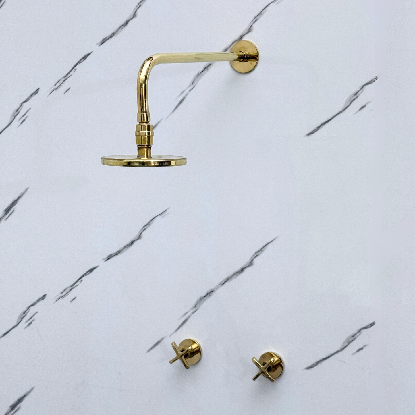 Unlacquered Brass Shower System with Adjustable Flat Round Rain Shower Head, Straight Arm and Cross Handles