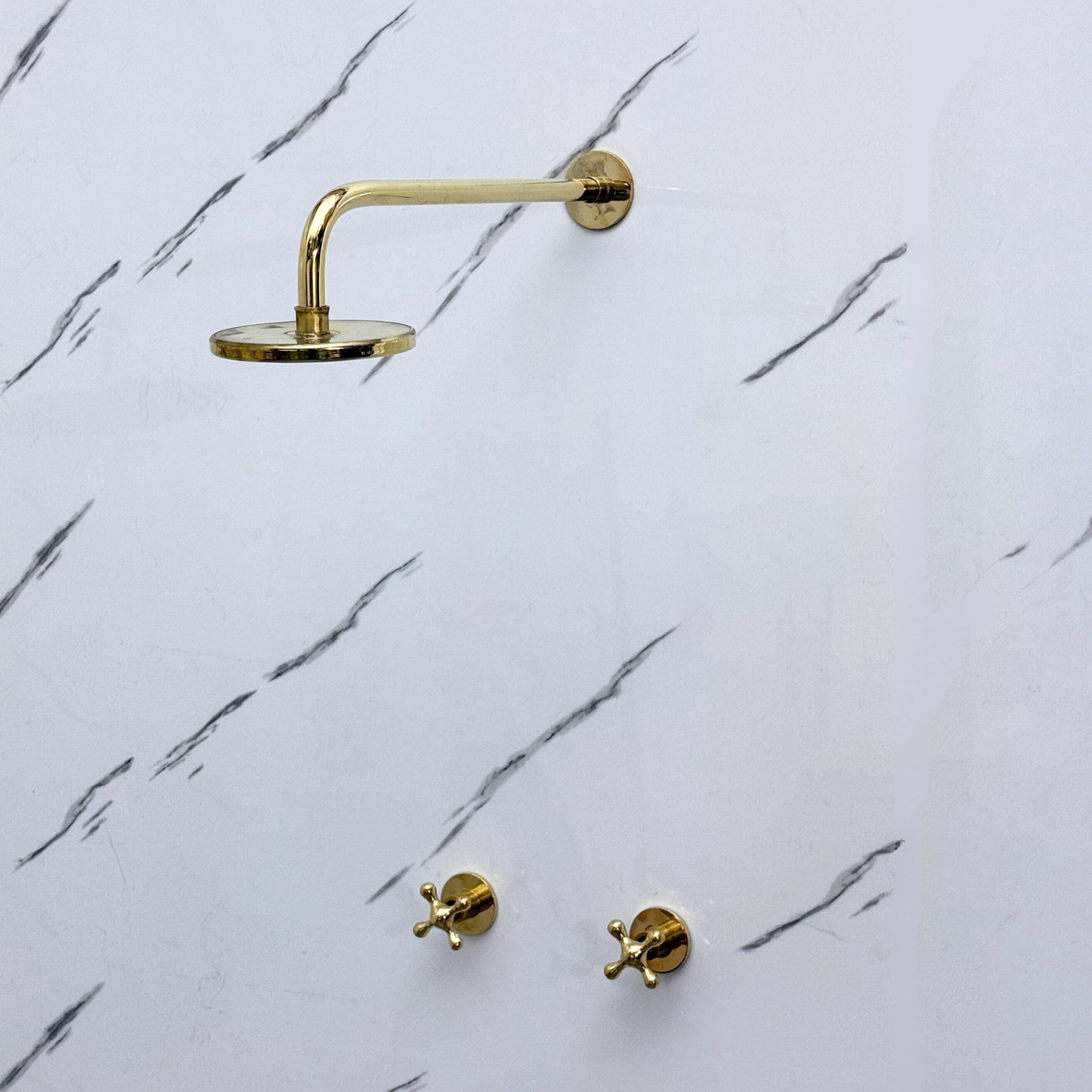 Unlacquered Brass Shower System with Adjustable Flat Round Rain Shower Head, Straight Arm and Cross Handles