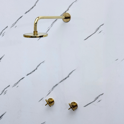 Unlacquered Brass Shower System with Adjustable Flat Round Rain Shower Head, Straight Arm and Cross Handles