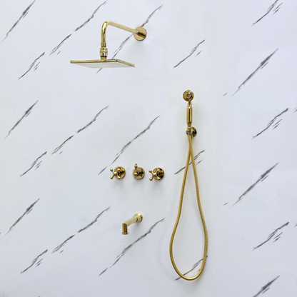 Unlacquered Brass Shower System with Adjustable Flat Square Rain Shower Head, Handheld Shower Head, Tub Filler and Cross Handles