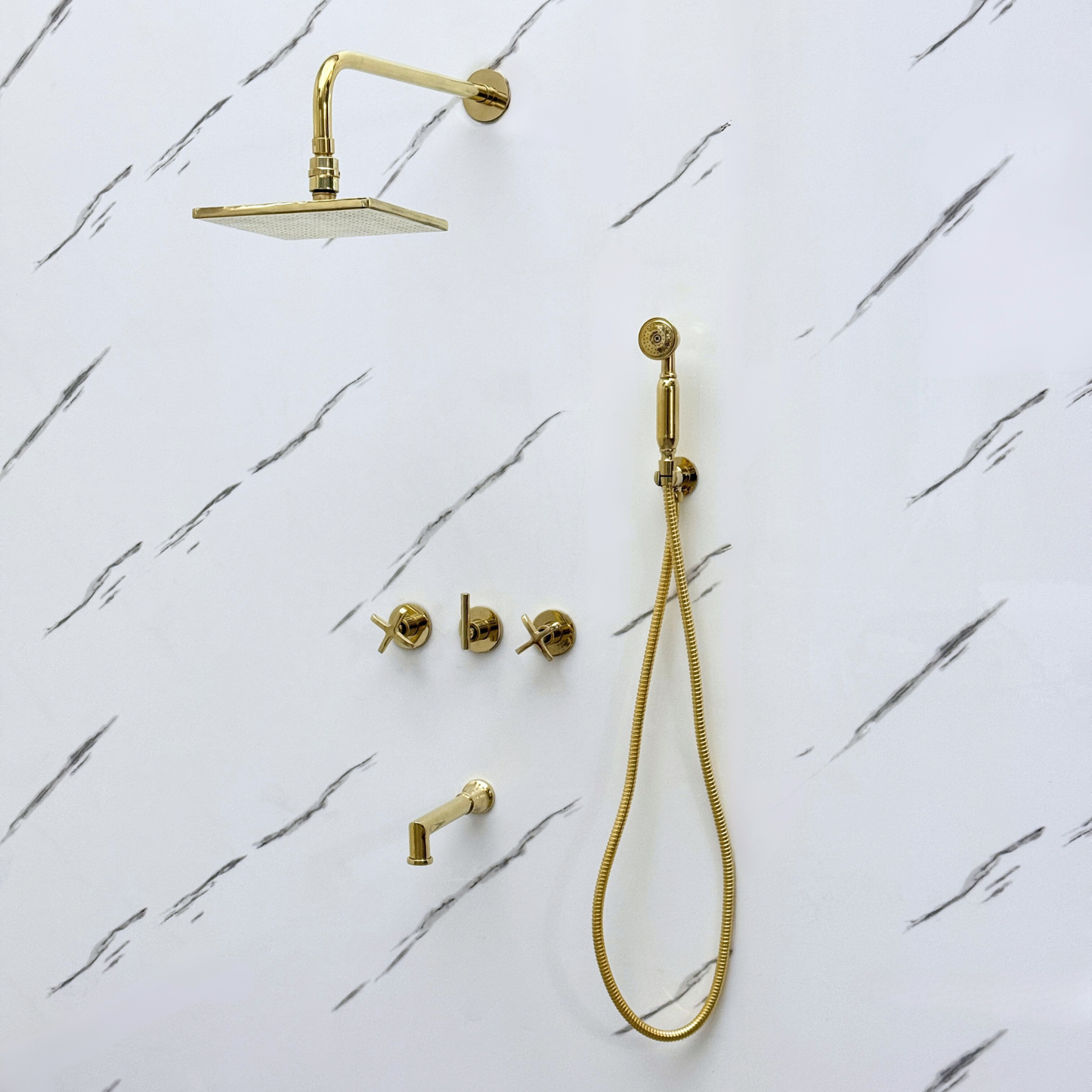 Unlacquered Brass Shower System with Adjustable Flat Square Rain Shower Head, Handheld Shower Head, Tub Filler and Cross Handles