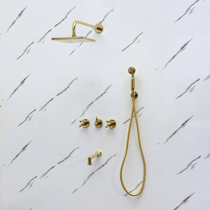 Unlacquered Brass Shower System with Adjustable Flat Square Rain Shower Head, Handheld Shower Head, Tub Filler and Cross Handles