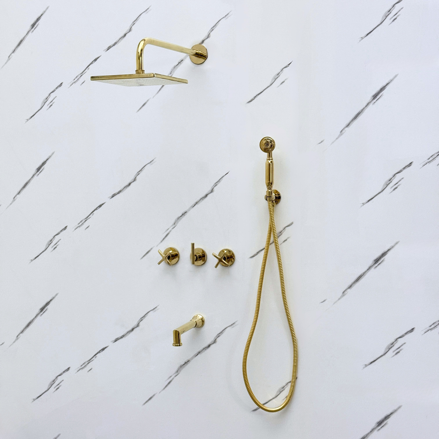 Unlacquered Brass Shower System with Adjustable Flat Square Rain Shower Head, Handheld Shower Head, Tub Filler and Cross Handles