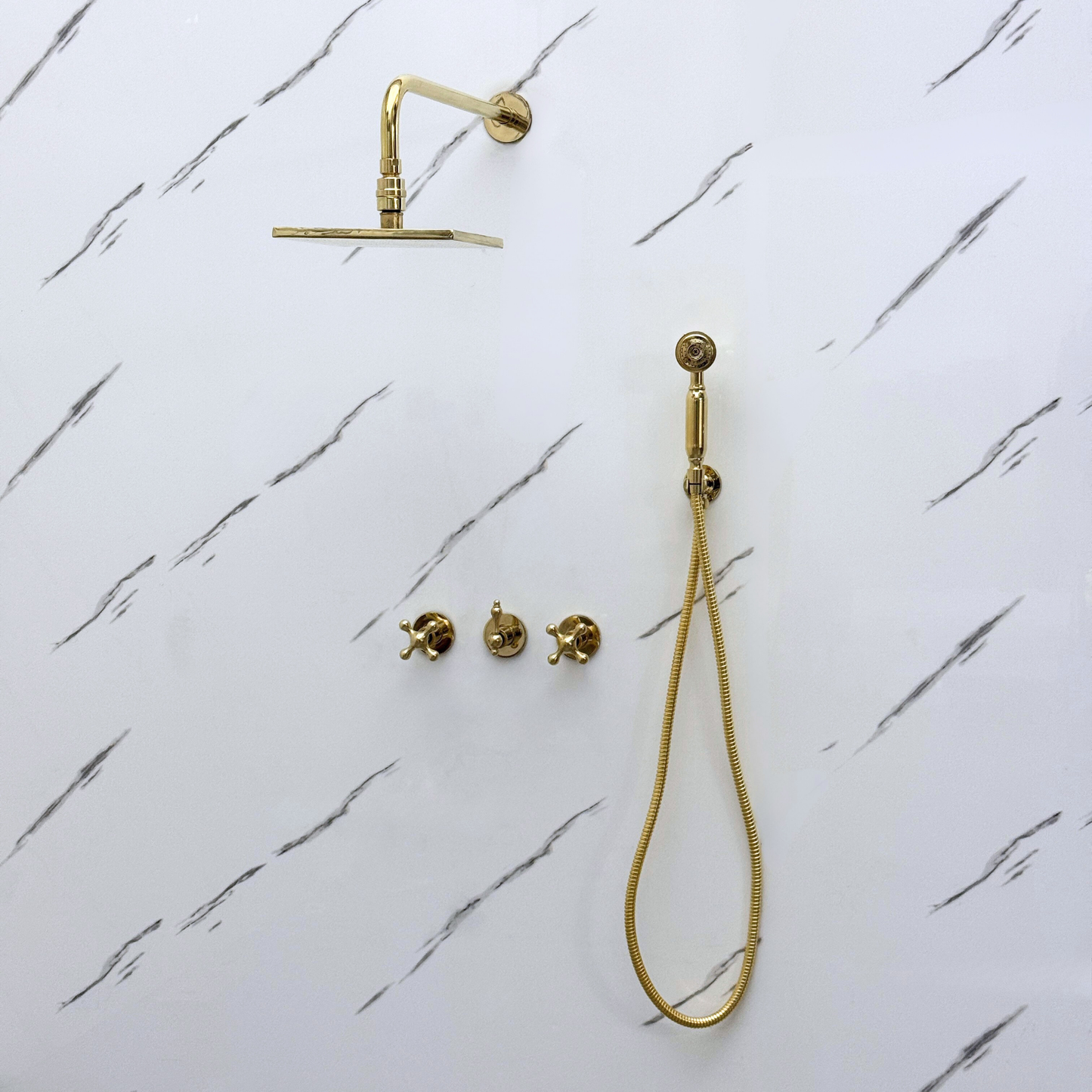 Unlacquered Brass Shower System with Adjustable Flat Square Rain Shower Head, Handheld Shower Head and Cross Handles