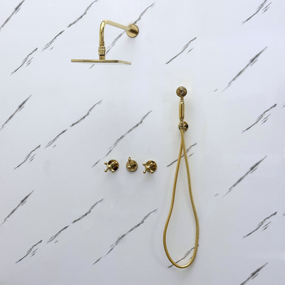 Unlacquered Brass Shower System with Adjustable Flat Square Rain Shower Head, Handheld Shower Head and Cross Handles