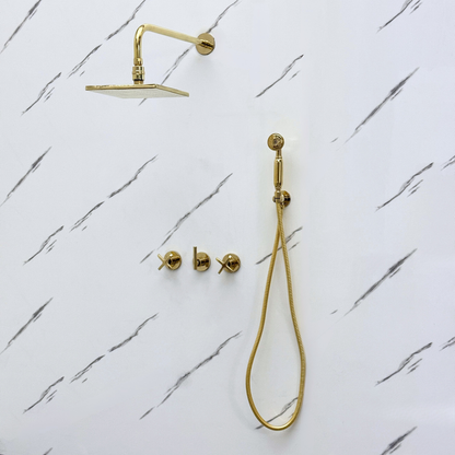 Unlacquered Brass Shower System with Adjustable Flat Square Rain Shower Head, Handheld Shower Head and Cross Handles
