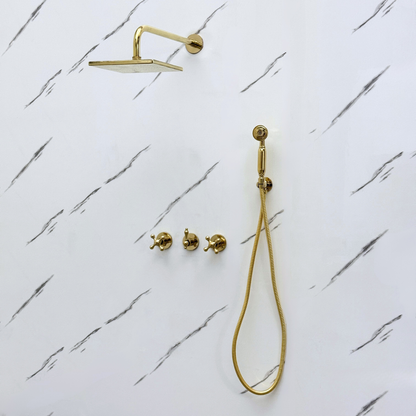 Unlacquered Brass Shower System with Adjustable Flat Square Rain Shower Head, Handheld Shower Head and Cross Handles